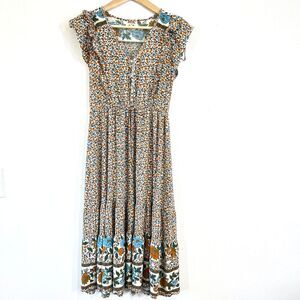 In Loom Prairie Dress‎ Medium Ditsy Floral Elastic Waist  Cap Sleeve Tiered Midi
